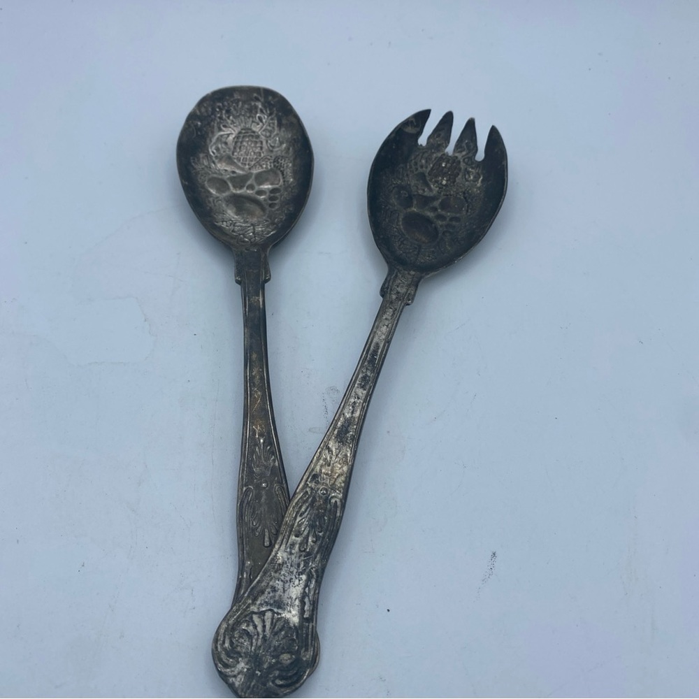 VTG Spoon & Fork salad Servers embossed Pineapple Fruit Design China silverplate